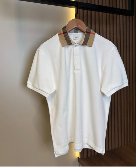 Burberry White Polo Shirt – Iconic Check Collar – Premium Cotton – Men’s