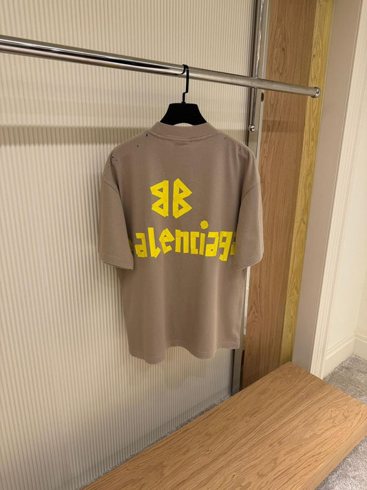 Balenciaga Distressed Oversized Logo T-Shirt – Beige & Yellow