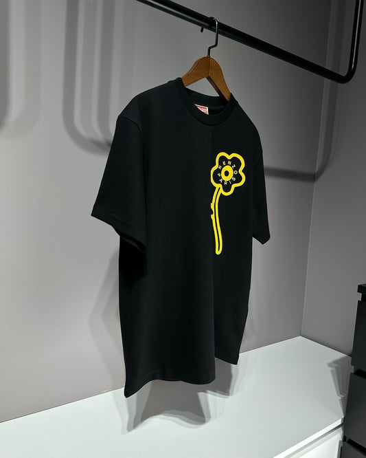 Kenzo Paris Black T-Shirt with Yellow Flower Embroidery