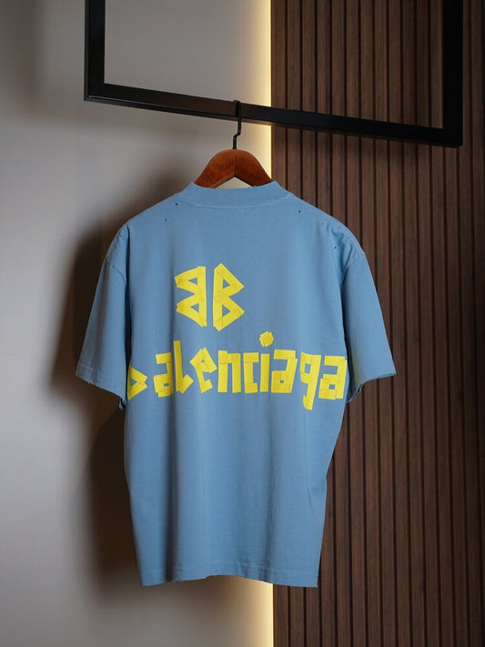 Balenciaga Blue Distressed Logo T-Shirt