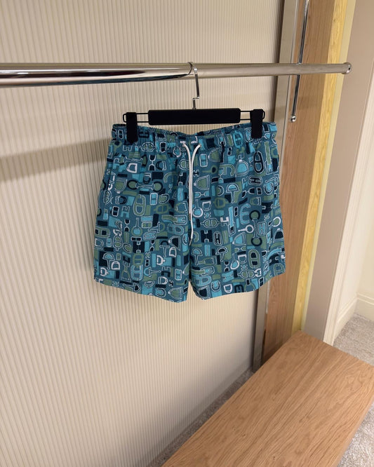 Hermès Monogram Geometric Print Swim Shorts – Blue & Teal
