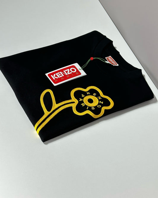 Kenzo Paris Black T-Shirt with Yellow Flower Embroidery