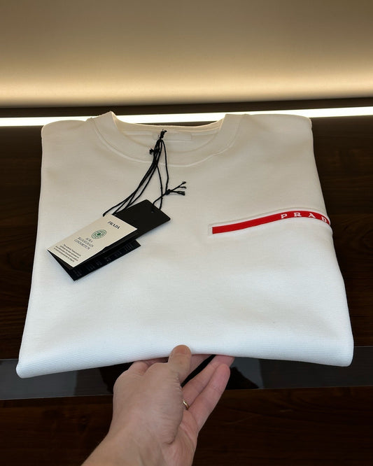 Prada White Cotton T-Shirt with Red Line Logo