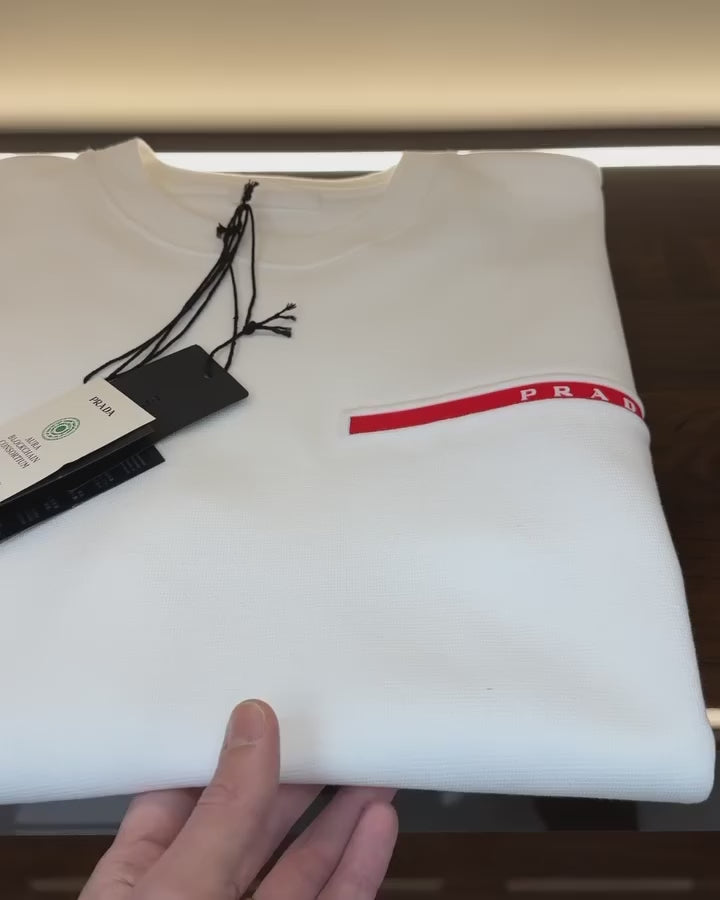 Prada White Cotton T-Shirt with Red Line Logo